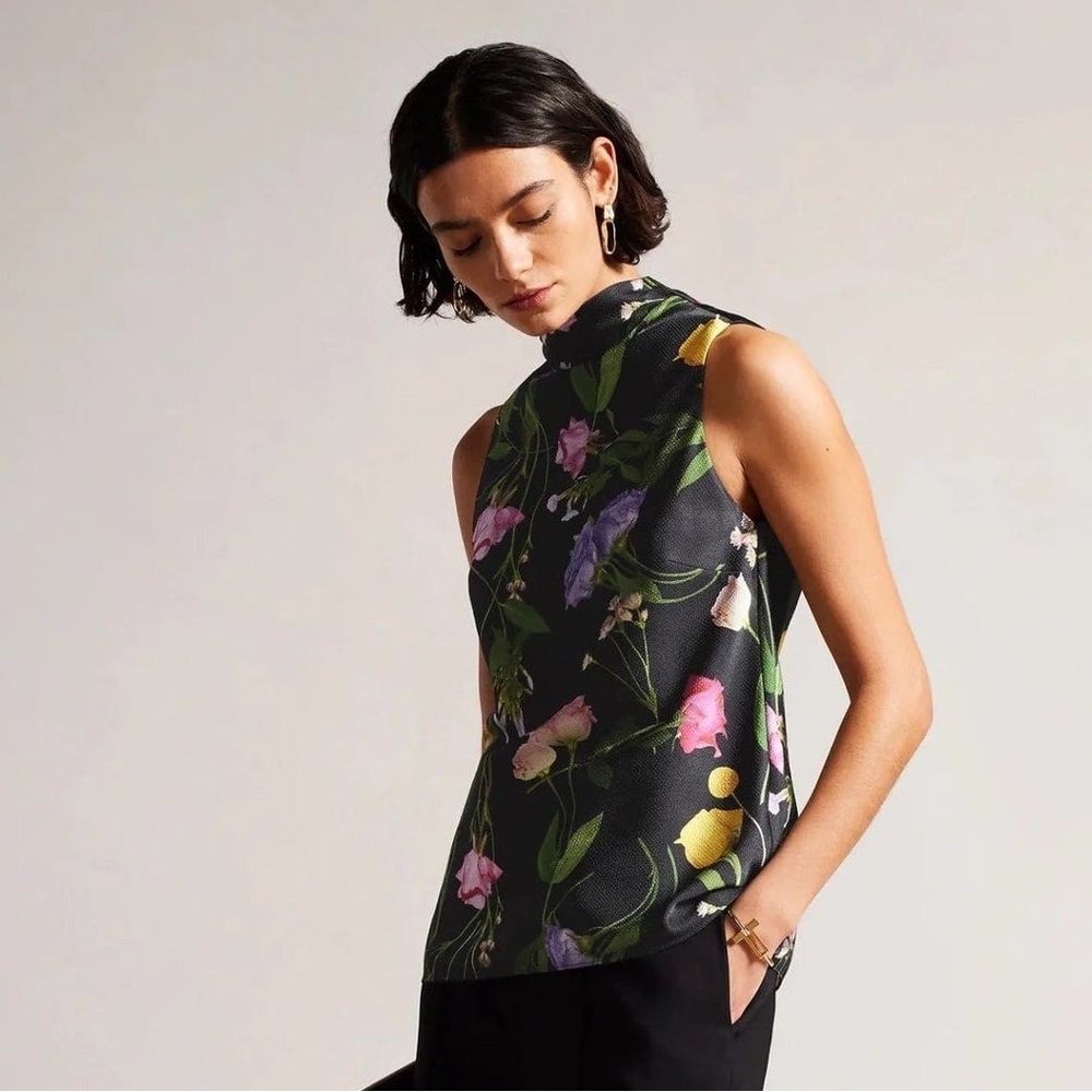 NWT Ted Baker London raeven cowl neck black floral sleeveless top. Size 2 medium - Picture 3 of 8